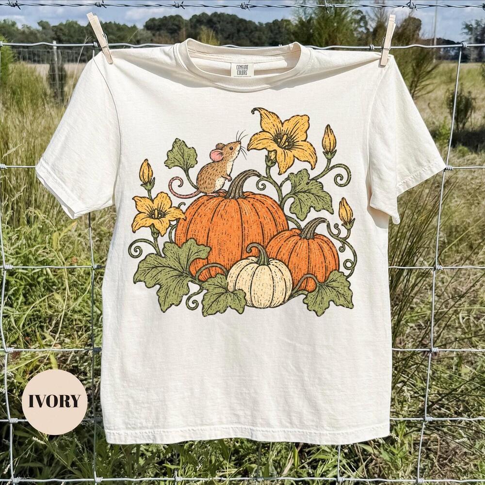 Cottagecore Mouse Pumpkin T-Shirt, Autumn S Tee, Cute Botanical - Picture 1 of 4